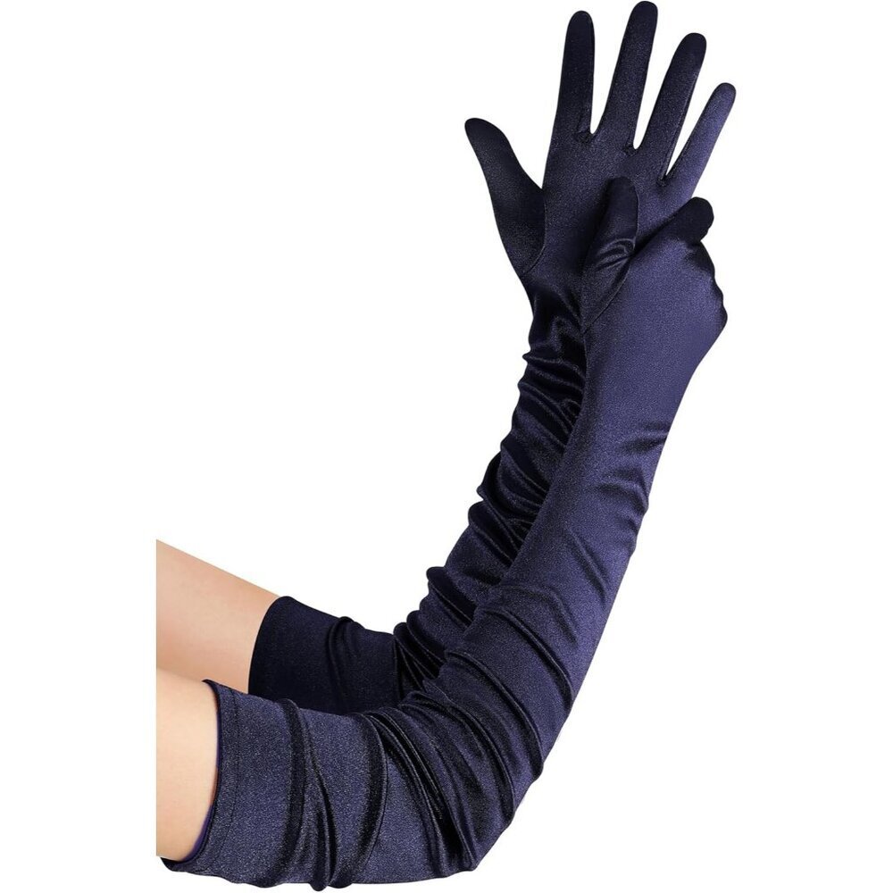 Women's Long Satin Gloves Navy Blue Stretchy Upper Arm Length Costume Design